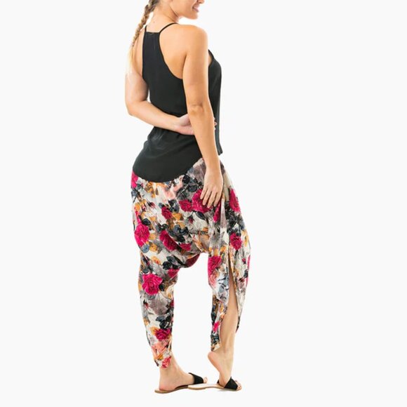 Flap Harem Pant Open Side Tasseled Drawstring Yoga Travel Beach Floral Pink Kira - Picture 12 of 12
